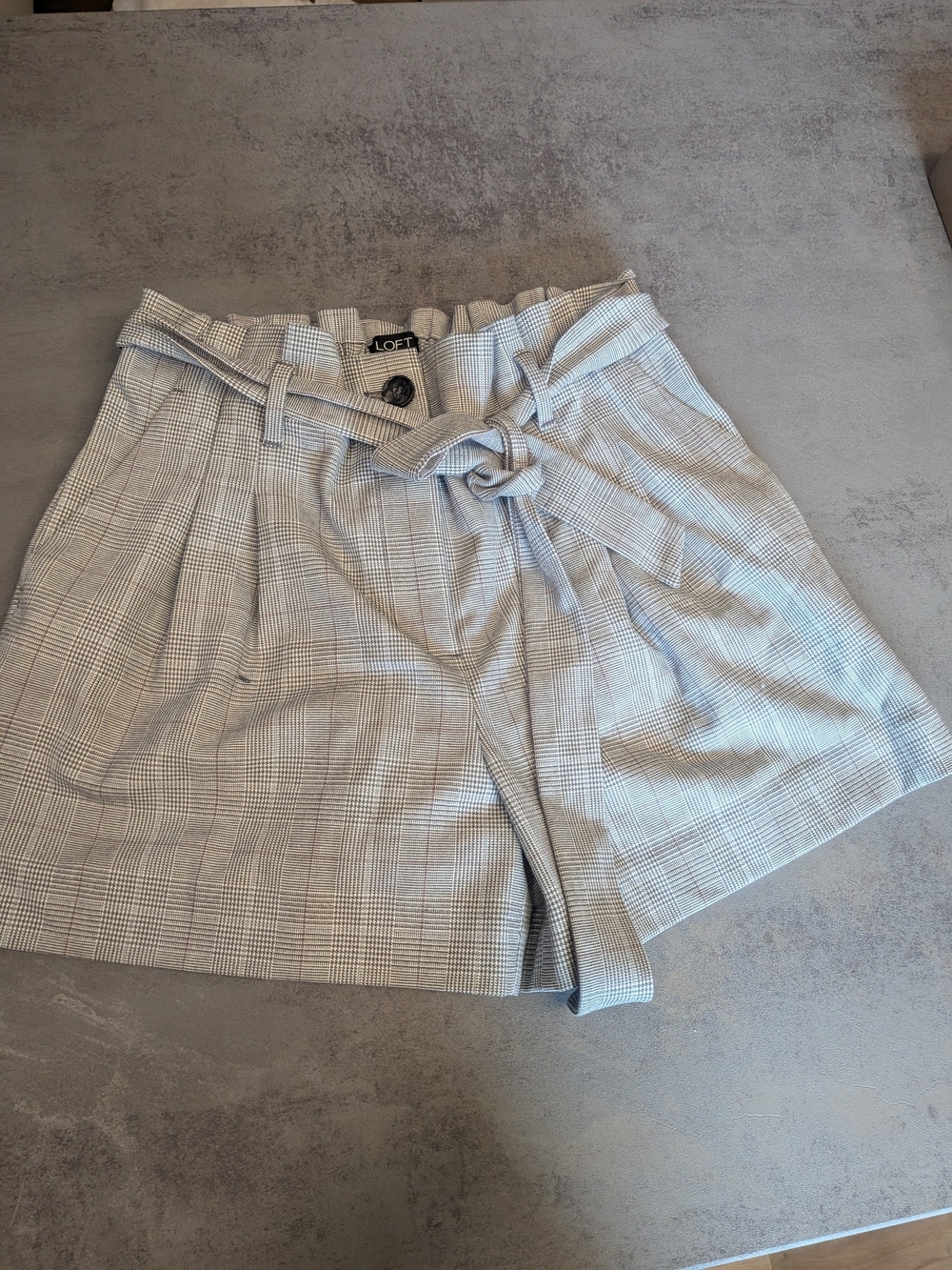 Never Worn LOFT Gray Plaid Paperbag Waist Tie Shorts
